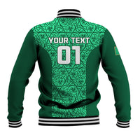Green rugby jacket back with striped ribbed collar, YOUR TEXT and 01 on celtic shamrock print