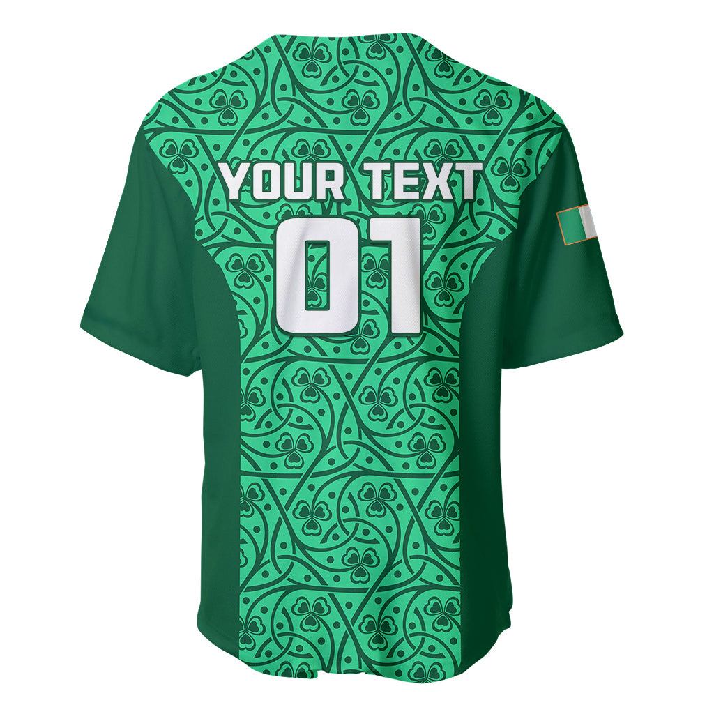 Green rugby baseball jersey, back view, Celtic pattern with YOUR TEXT and large UT lettering.