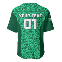 Green rugby baseball jersey, back view, Celtic pattern with YOUR TEXT and large UT lettering.