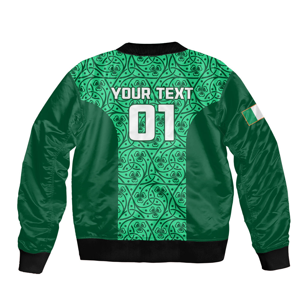 Green bomber jacket with ornate Celtic pattern and YOUR TEXT 01 on back, ribbed hem