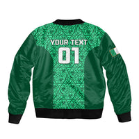 Green bomber jacket with ornate Celtic pattern and YOUR TEXT 01 on back, ribbed hem