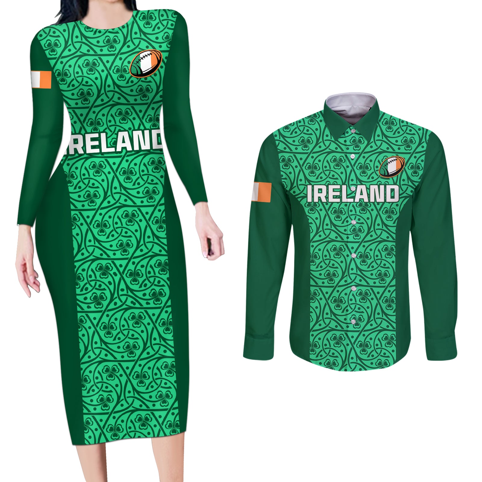 Custom Ireland Rugby Couples Matching Long Sleeve Bodycon Dress and Long Sleeve Button Shirts Irish Celtic Cross Mix Shamrock Pattern - Wonder Print Shop