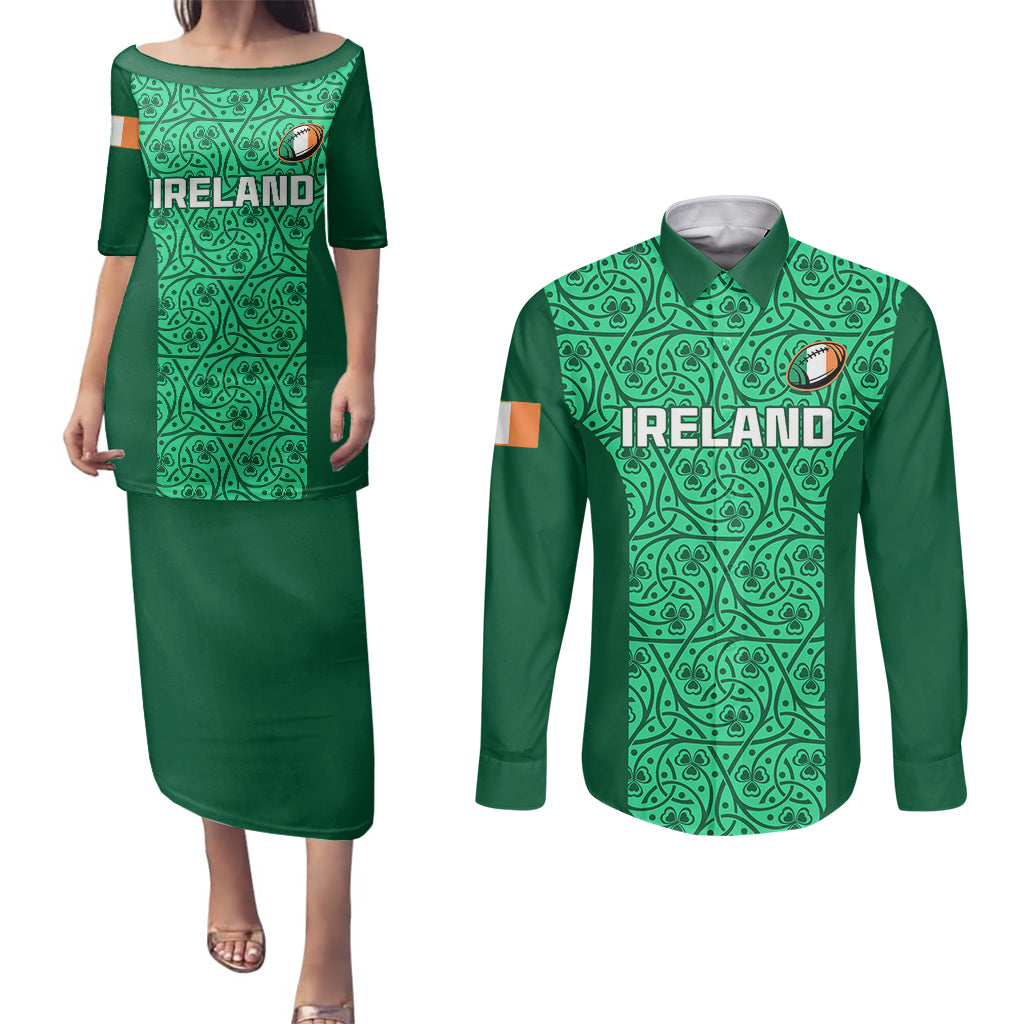 Custom Ireland Rugby Couples Matching Puletasi Dress and Long Sleeve Button Shirts Irish Celtic Cross Mix Shamrock Pattern - Wonder Print Shop