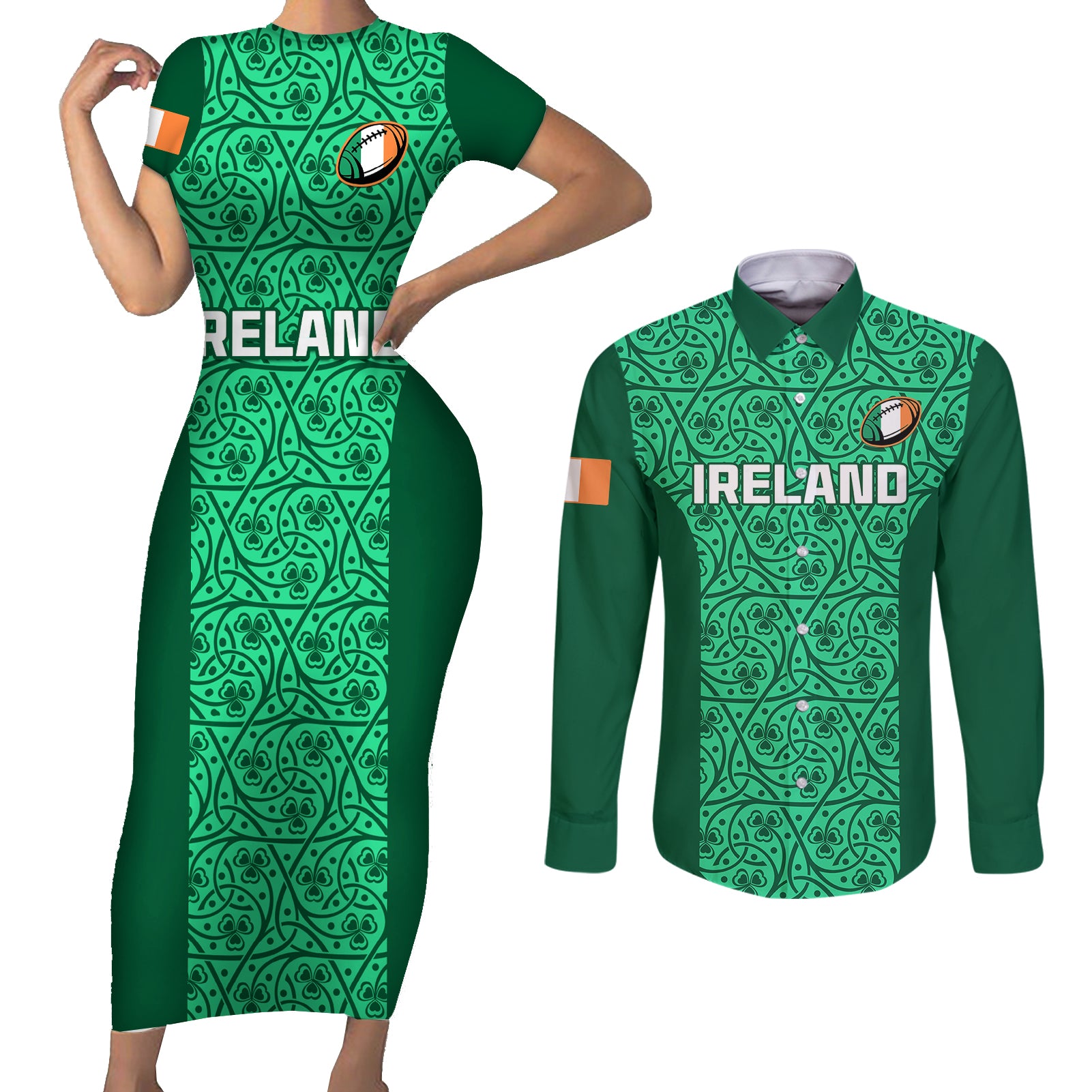 Custom Ireland Rugby Couples Matching Short Sleeve Bodycon Dress and Long Sleeve Button Shirts Irish Celtic Cross Mix Shamrock Pattern - Wonder Print Shop