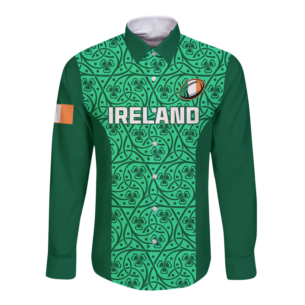 Green long-sleeve button rugby shirt with teal shamrock pattern and Ireland logo