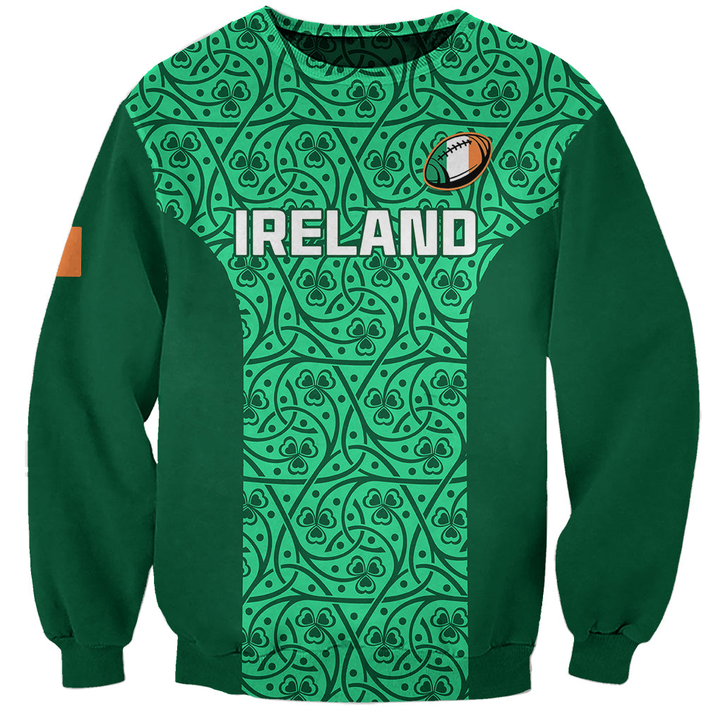 Green unisex sweatshirt with patterned shamrock and 'IRELAND' front graphic