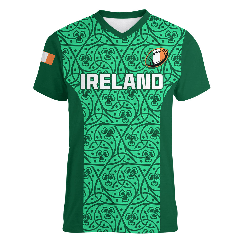 custom-ireland-rugby-women-v-neck-t-shirt-irish-celtic-cross-mix-shamrock-pattern