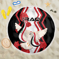 Round beach blanket with fringed edge, black and white chevrons, white dove, red roses