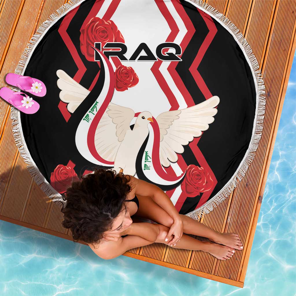 Round beach blanket with fringed edge, black and red striped pattern with white dove and roses