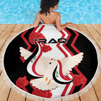 Round beach blanket with fringed edge, black and red with white dove and roses graphic