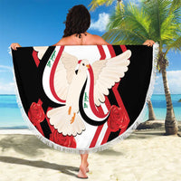 Round beach blanket with fringed edge, black chevrons with white dove and red roses
