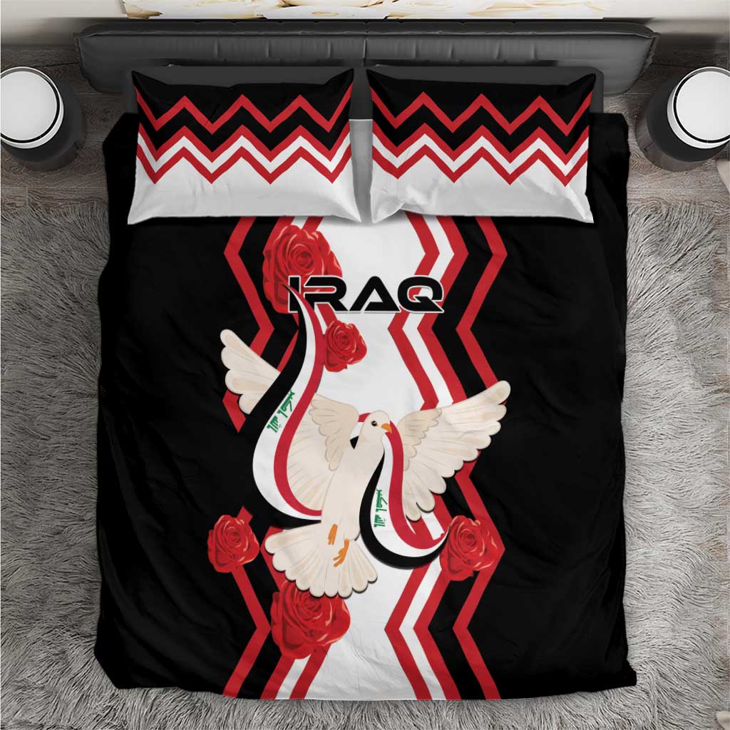Black duvet cover and pillow shams featuring white dove, roses, and red striped pattern