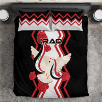 Black duvet cover and pillow shams featuring white dove, roses, and red striped pattern