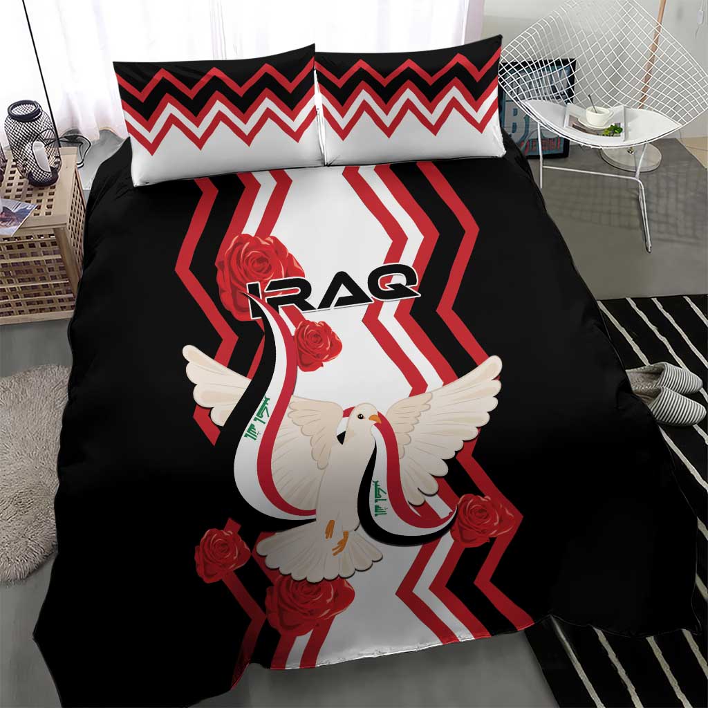 Black bedding set with dove carrying flag graphic, red chevron accents on pillows