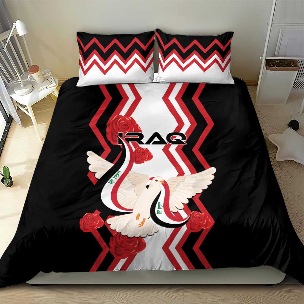 Black duvet cover with dove and roses design and two red zigzag pillow shams