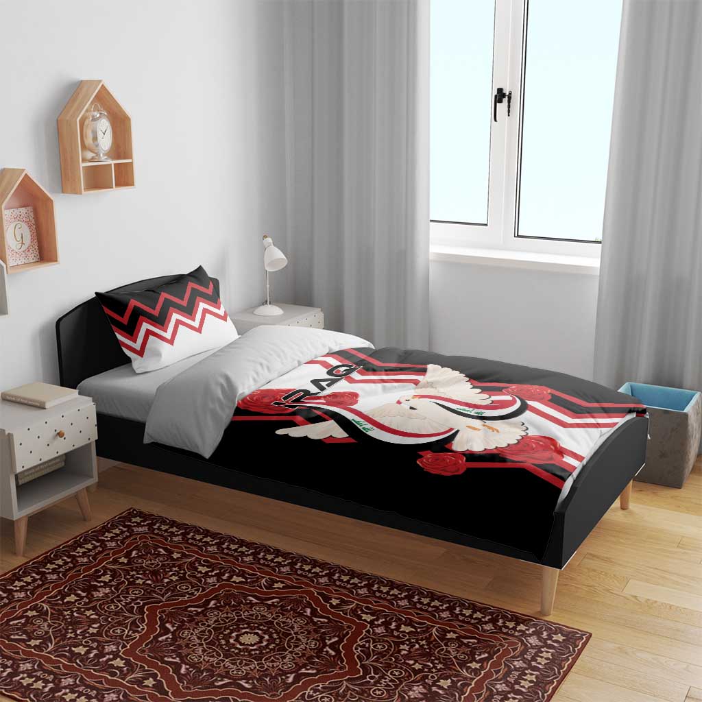 Black duvet cover with dove-and-flag artwork, two matching red chevron pillow shams