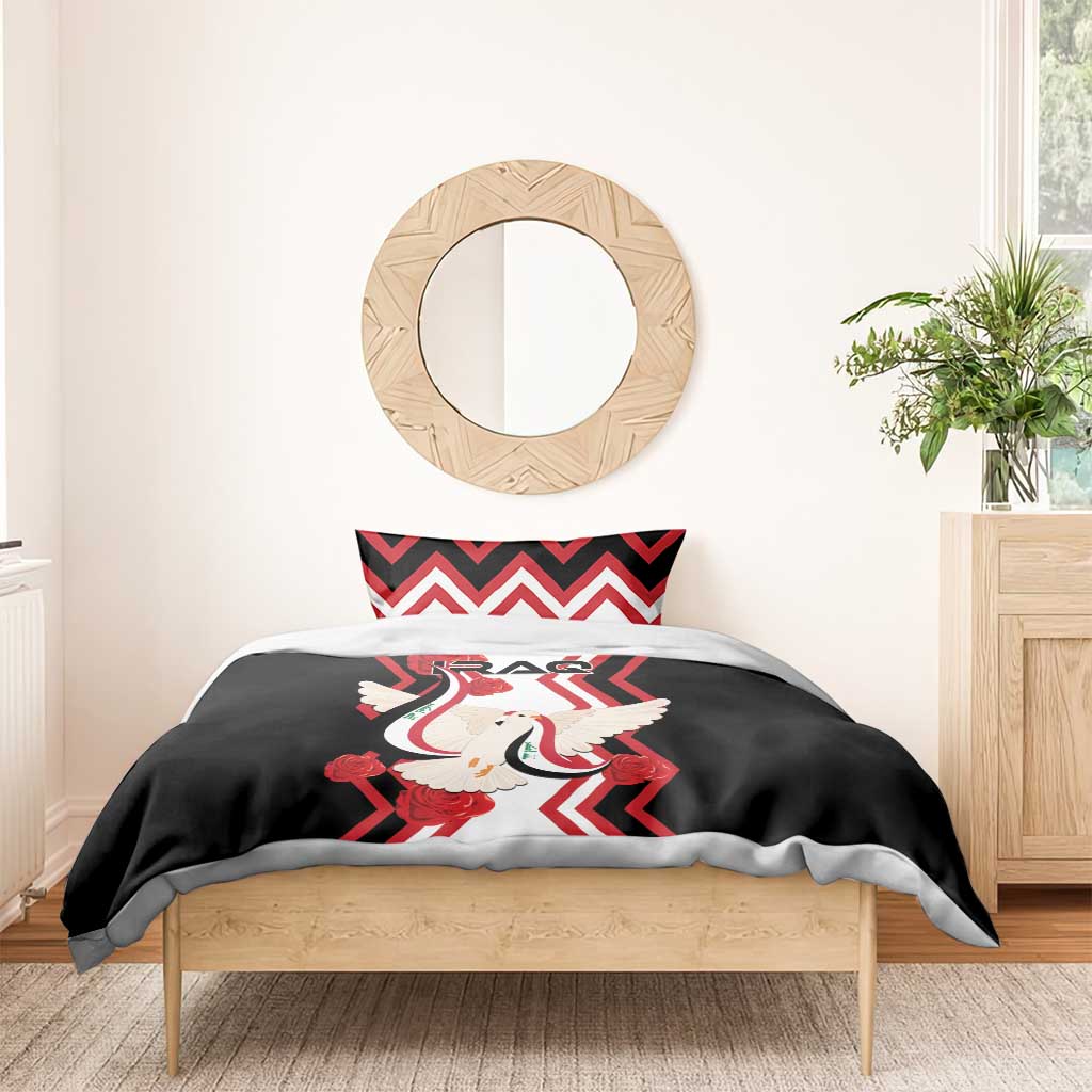 Black bedding set with dove and red-striped chevron motif on duvet and pillow shams