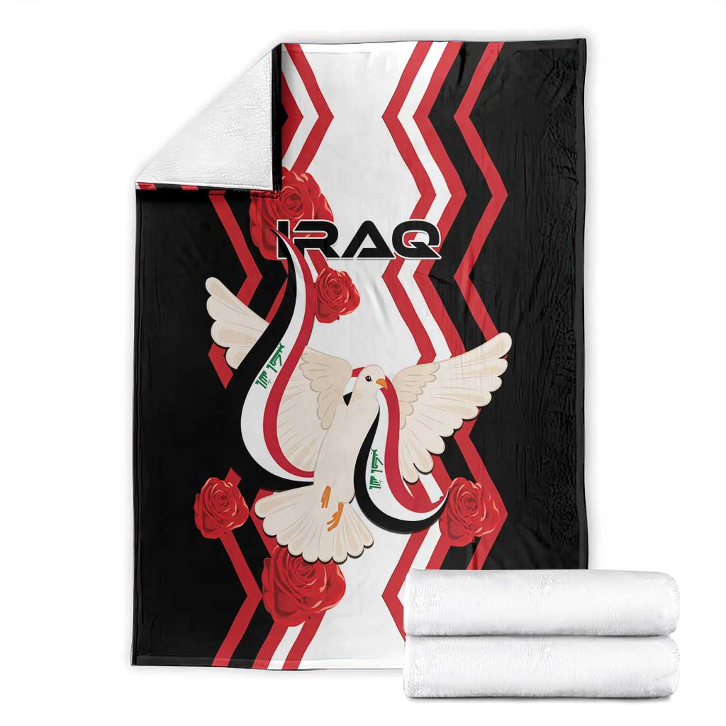 Black throw blanket featuring red zigzag pattern, white dove with flag, IRAQ text.