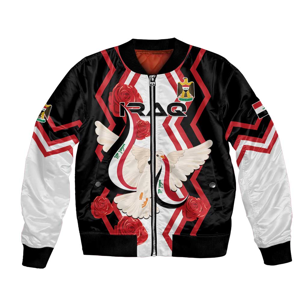 Black bomber jacket with white sleeves, front zip, red chevron and dove flag graphic