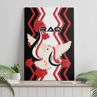 Black canvas wall art showing white dove with red roses, “IRAQ” text, and zigzag pattern