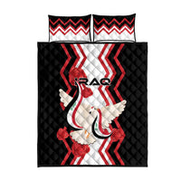 Black quilt bed set with Iraq dove flag emblem; two red chevron accent pillows