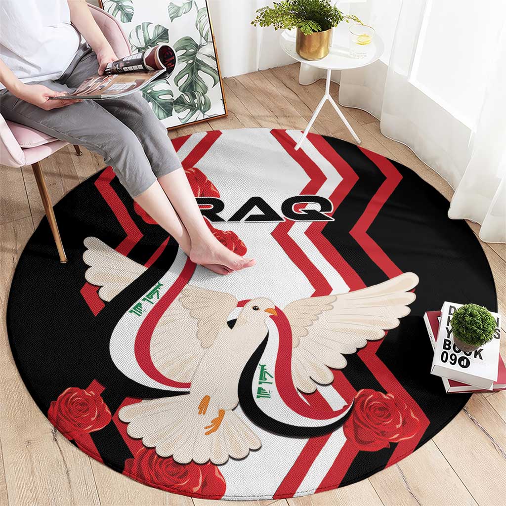 Round black carpet with white dove carrying flag, red roses, and red chevron design