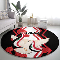 Round black carpet featuring white dove with flag, red roses, and bold chevron stripes