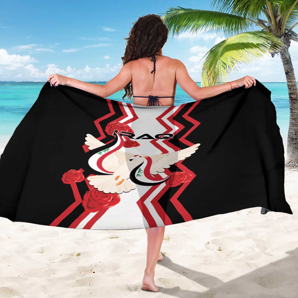 Black sarong spread wide, Iraq dove emblem with red roses and chevron stripes