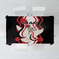 Black tablecloth with centered IRAQ dove emblem and red, white, and green colors