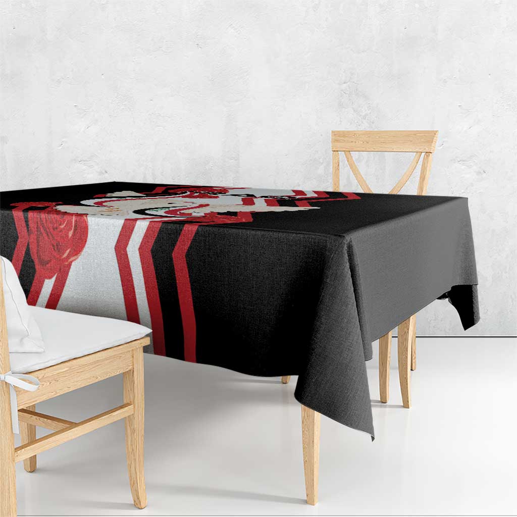 Black tablecloth with red and white dove carrying flag print, square corners