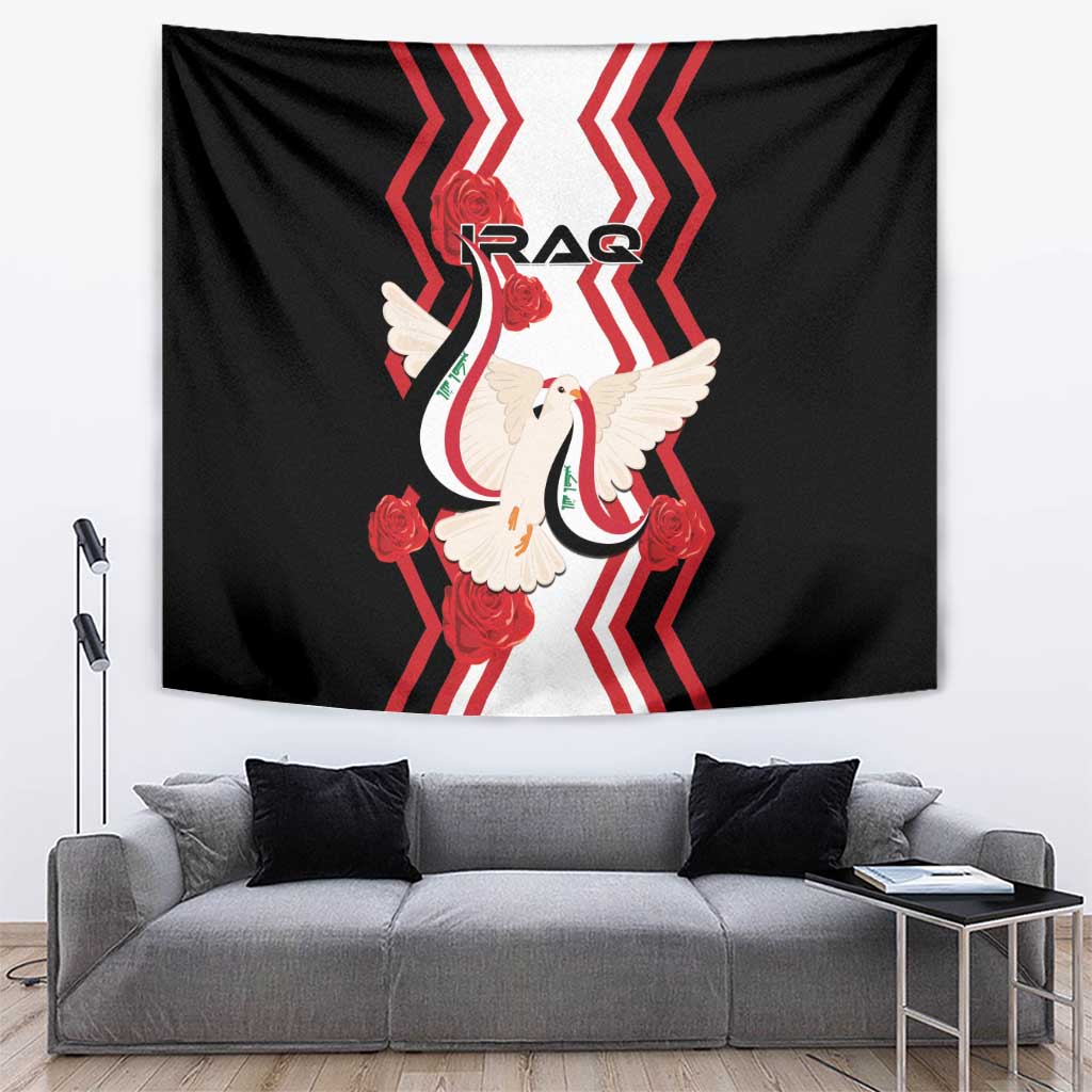 Black tapestry featuring dove carrying flag, IRAQ text, and red chevron rays
