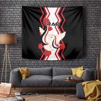Black wall tapestry with dove carrying flag, red roses, and IRAQ lettering