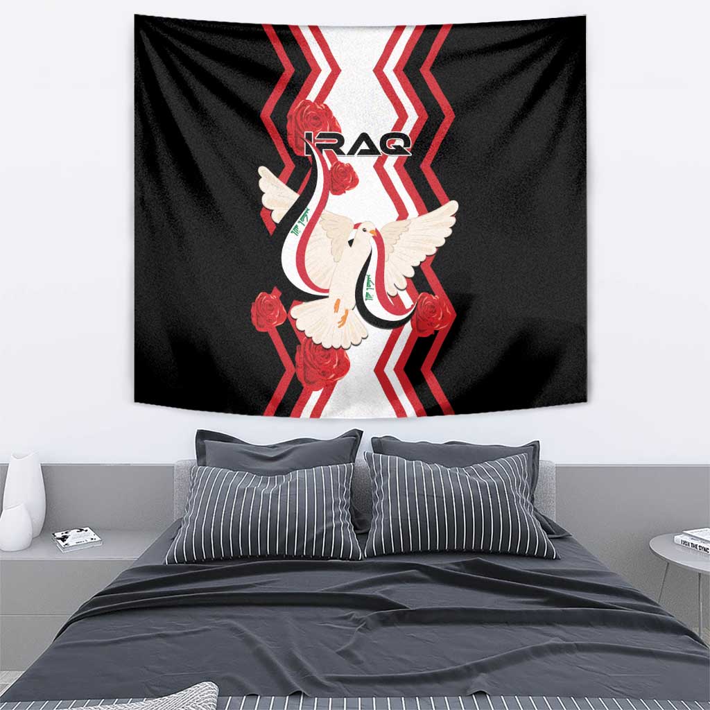 Black tapestry with white dove holding flag, red roses, and IRAQ text