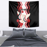 Black tapestry with white dove holding flag, red roses, and IRAQ text