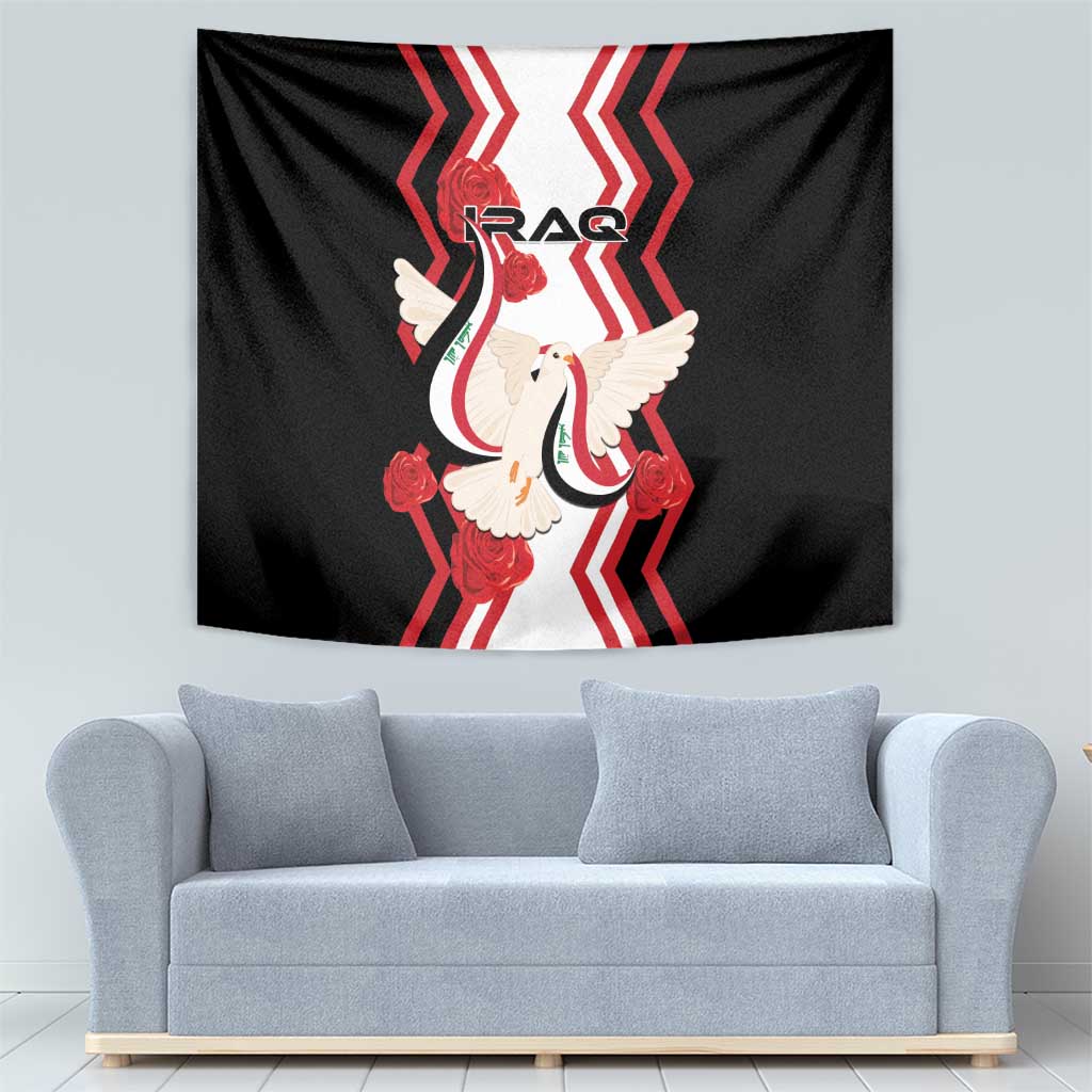 Black tapestry with dove carrying flag design, red roses, and IRAQ lettering
