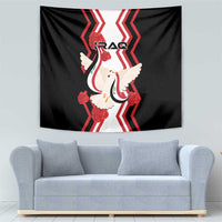 Black tapestry with dove carrying flag design, red roses, and IRAQ lettering