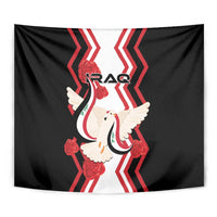 Black tapestry close-up with white dove, flag details, red chevrons, and IRAQ text