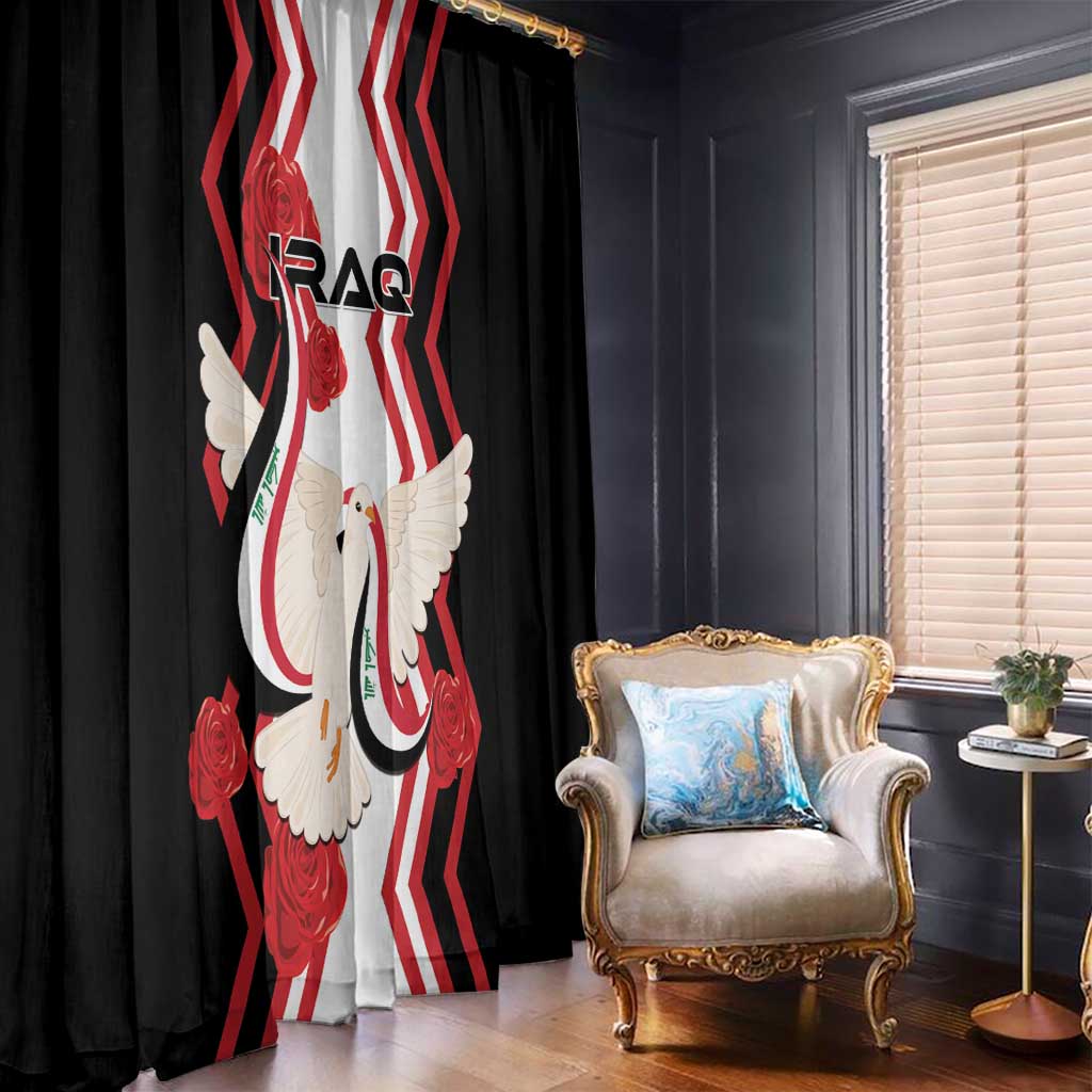 Black window curtain with Iraqi flag print, large dove illustration, and red rose accents.