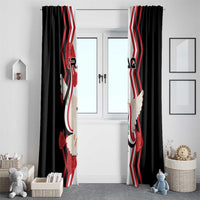 Black window curtains featuring a vertical Iraqi flag graphic with dove and red rose details.