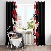 Black curtains with Iraqi flag artwork, dove wings, and red rose motif along the center panel.