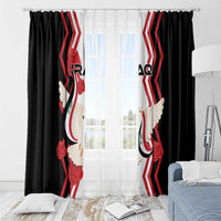 Black and white sheer window curtains with Iraqi flag print, dove wings, and red rose details.