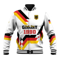 White baseball varsity jacket with Germany-themed graphics, crest, and ribbed trim