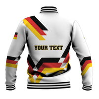 Back view white baseball varsity jacket with bold Germany graphic and yellow text