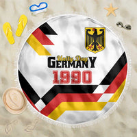 Round white fringed beach blanket with Unity Day Germany 1990 print and crest emblem