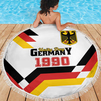 Round white beach blanket with Unity Day Germany 1990 graphic, crest badge and fringed border