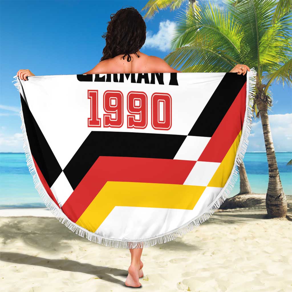 Round white fringed beach blanket with Unity Day Germany 1990 graphic and flag stripes