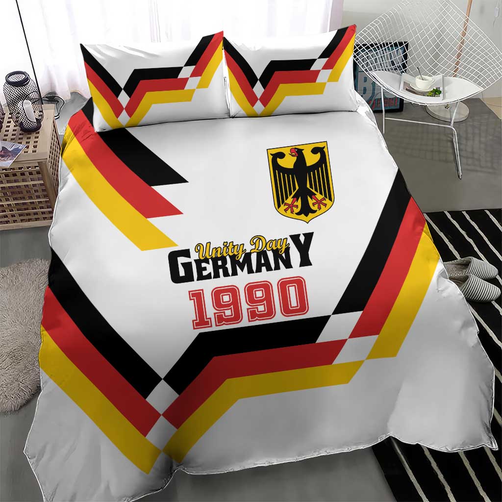 White duvet cover and pillowcases featuring Unity Day 1990 design, shield emblem, chevrons