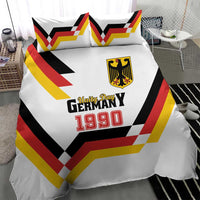 White duvet cover and pillowcases featuring Unity Day 1990 design, shield emblem, chevrons