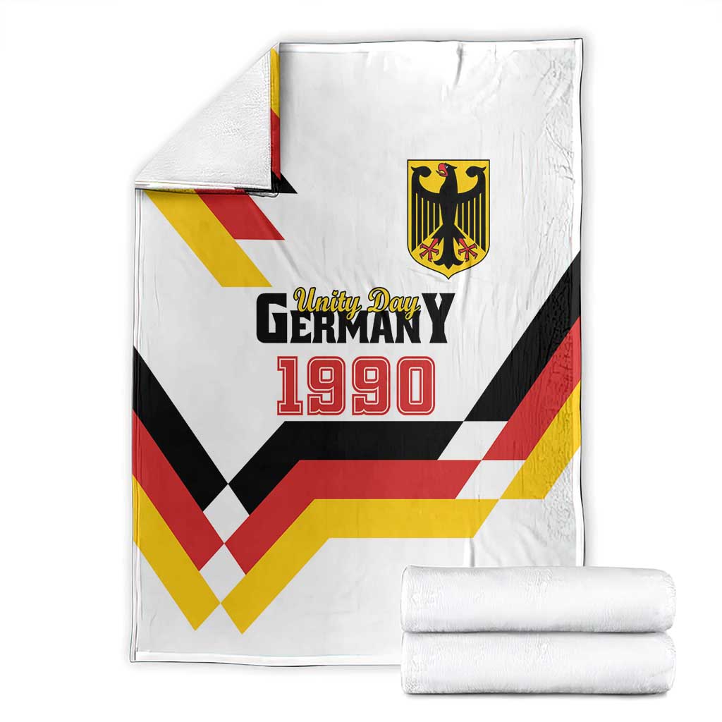 White Germany Unity Day 1990 blanket folded with crest, ribbon chevrons, and text
