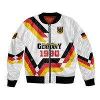 White bomber jacket with Germany flag diagonal graphic, front zipper, ribbed cuffs